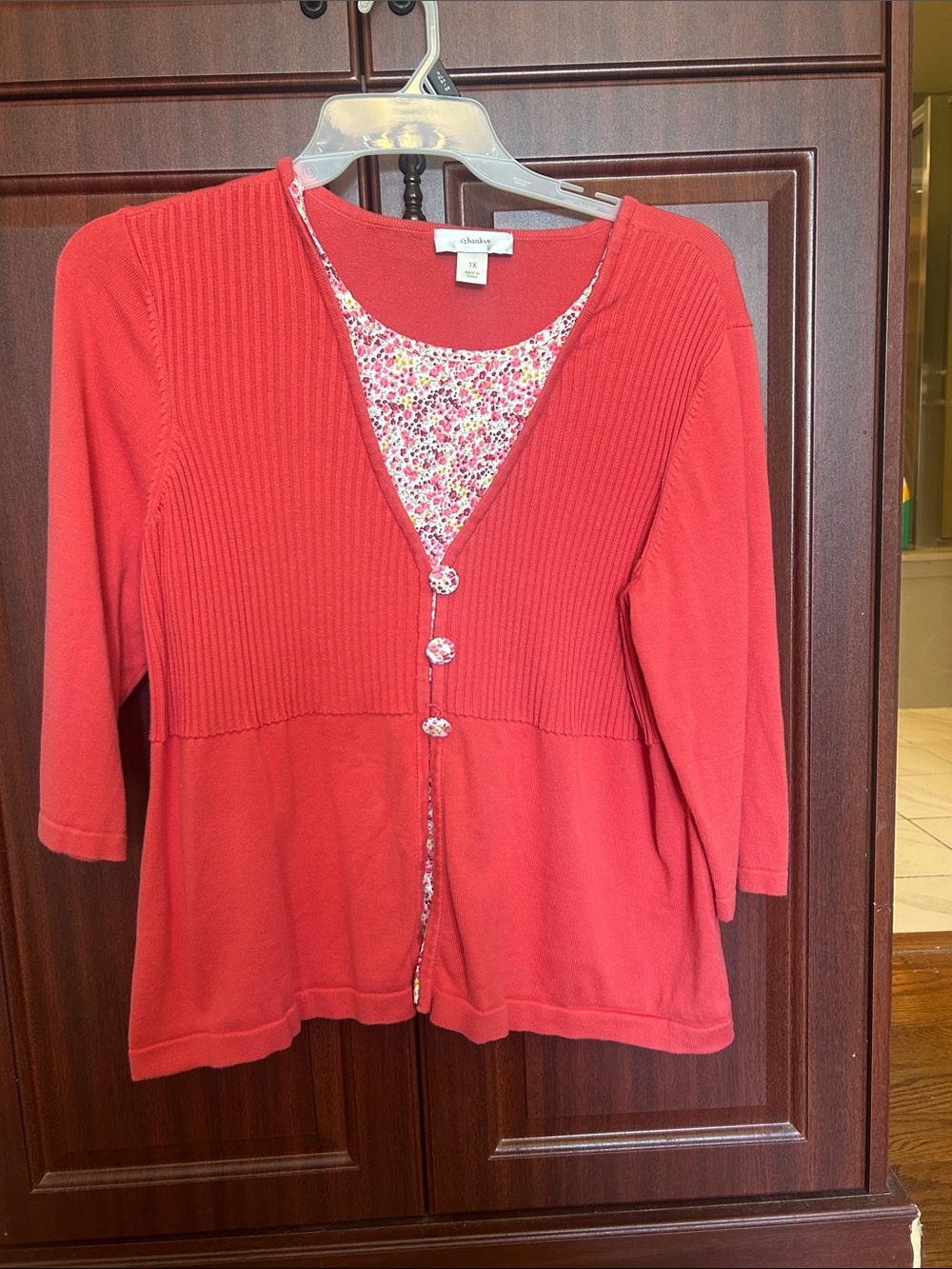 CJ Banks Red Layered-Look Floral Inset Cardigan